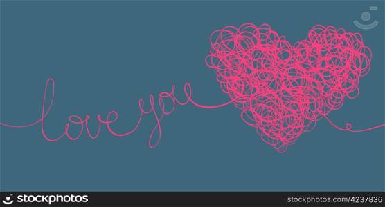 ""love you" words and heart shaped line scribbles on letter format"