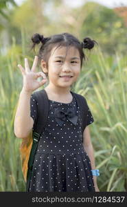 lovely asian children carrying school backpack hand signing o.k. with toothy smiling face