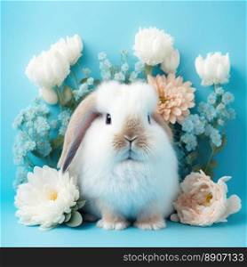 Lovely baby bunny with flowers on blue background. Cute fluffy rabbit. Animal Easter symbol concept. Generative AI