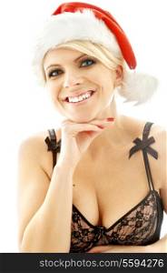 lovely blond in black lingerie and christmas hat
