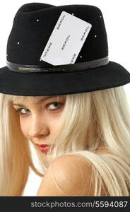 lovely blond in hat with joker card