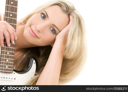 lovely blonde with electric guitar over white