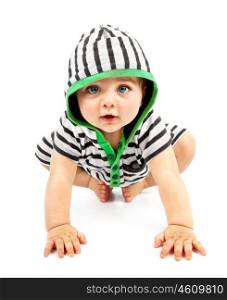 Lovely boy isolated on white background, sweet little baby wearing striped sliders, charming small kid in black &amp; white hoodie with biggin crawling indoors, happy childhood conception