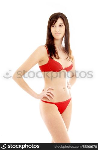 lovely brunette in red underwear over white