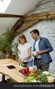 Lovely cheerful young couple cooking dinner together and having fun at rustic kitchen