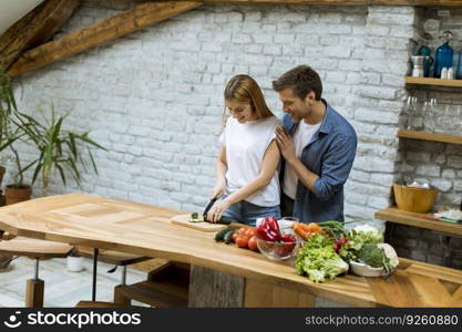 Lovely cheerful young couple cooking dinner together and having fun at rustic kitchen