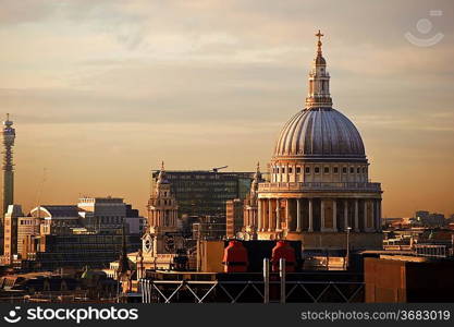 Lovely colorful image of St Paul&acute;s cathedral in London during Winter sunset over city skyline