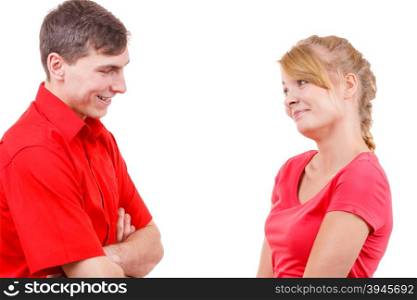 Lovely couple talk flirty.. Woman and man contacts with each other. Man talks flirty. Isolated on white.