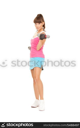 lovely fitness instructor with dumbbells over white