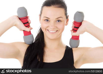 lovely fitness instructor with dumbbells over white