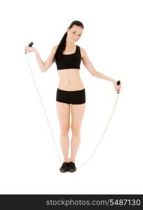 lovely fitness instructor with jump rope over white