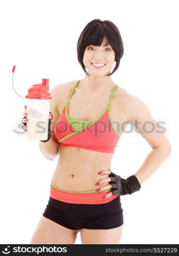lovely fitness instructor with protein shake bottle
