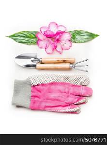 Lovely gardening setting with tools and pink flowers on white background, top view