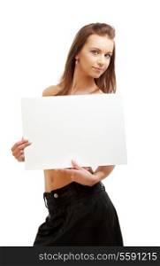 lovely girl holding blank sign board over white
