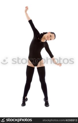lovely girl in black leotard working out over white