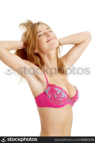 lovely girl in pink bra over white background