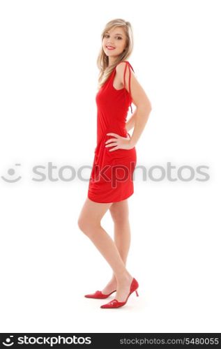 lovely girl in red dress over white
