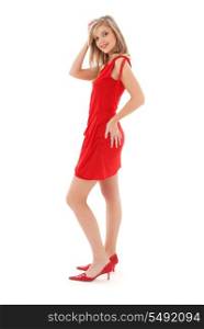 lovely girl in red dress over white