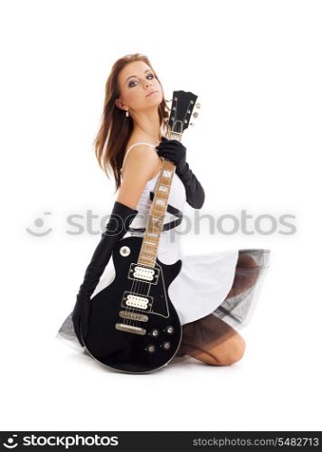 lovely girl with black guitar over white