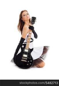 lovely girl with black guitar over white
