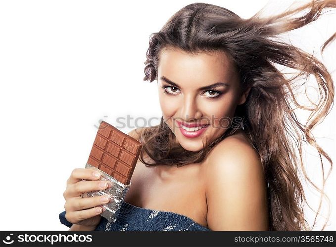 lovely girl with long hair and chocolate bar on white background