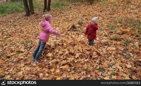 Lovely happy children having fun in autumn park. Joyful sister and cute toddler brother jumping into pile of fallen foliage outdoors. Cheerful siblings enjoying freetime and playing with yellow fallen leaves over beautiful autumn landscape background