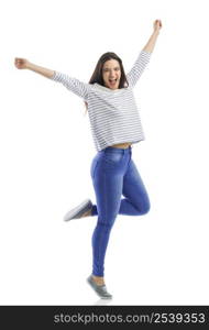 Lovely happy woman jumping of joy