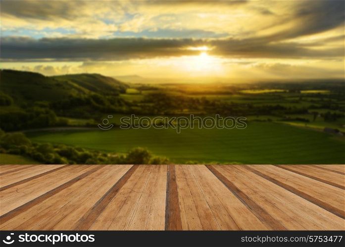 Lovely landscape of countryside hills and valleys with wooden planks floor