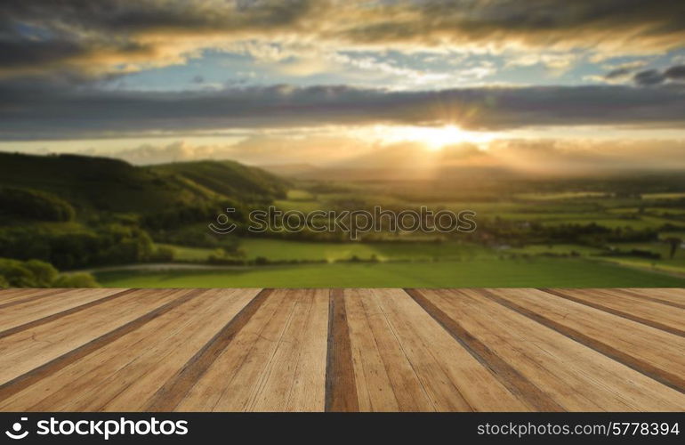 Lovely landscape of countryside hills and valleys with wooden planks floor