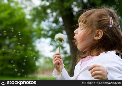Lovely little blond little girl blowing a dandelion