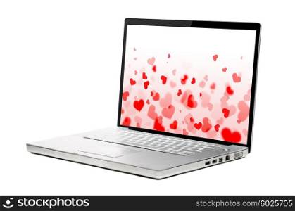 lovely modern laptop. hearts background on modern laptop isolated on white background