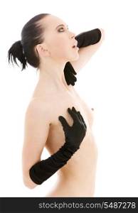 lovely naked woman in black gloves over white