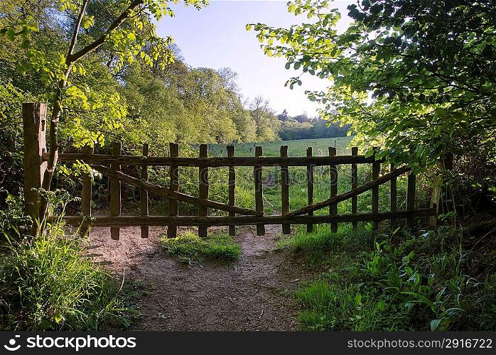 Lovely old gate into countryside field rustic old fashioned feeling