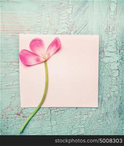 Lovely pink flowers on white blank paper card and turquoise shabby chic background, top view. Mother's Day or Birthday concept