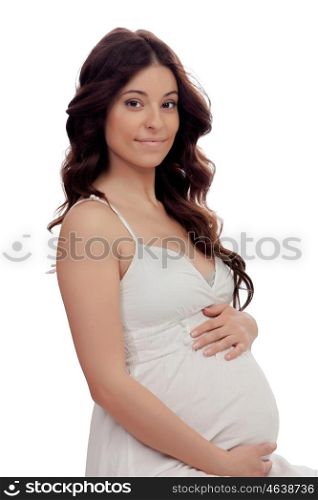 Lovely pregnant woman with a beautiful dress isolated on a white background
