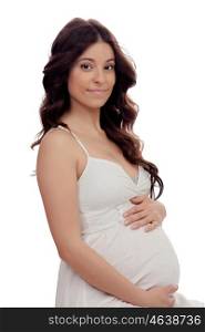 Lovely pregnant woman with a beautiful dress isolated on a white background