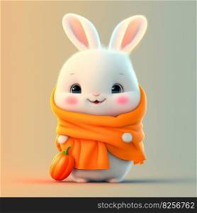 Lovely rabbit holding fruit on orange background AI generated