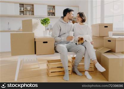 Lovely spouses sit near carton big boxes, drink coffee and talk about future plans, relocate in new apartment, pose with pedigree dog, poses in spacious kitchen, think about design or interior