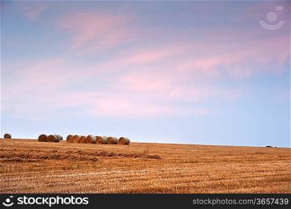 Lovely sunset golden hour landscape of hay bales in field in English countryside