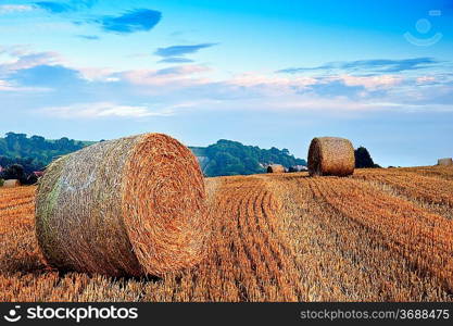 Lovely sunset golden hour landscape of hay bales in field in English countryside