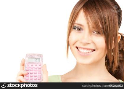 lovely teenage girl with calculator over white