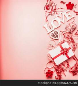 Lovely Valentines day background with word Love , gift box, hearts and decoration, top view, place for text