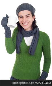 lovely winter woman holding coffee/tea mug (isolated on white background)