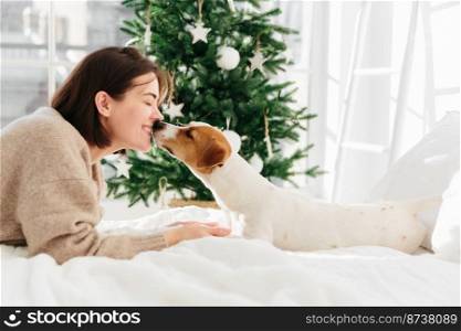Lovely woman and dog have sweet kiss, feel love to each other, lie on bed against fir tree decorated with baubles, enjoy Christmas time, have festive mood, pose in bedroom. Happy winter time