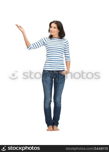 lovely woman in casual clothes showing direction