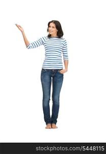 lovely woman in casual clothes showing direction