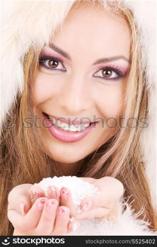lovely woman in fur with handful of ice