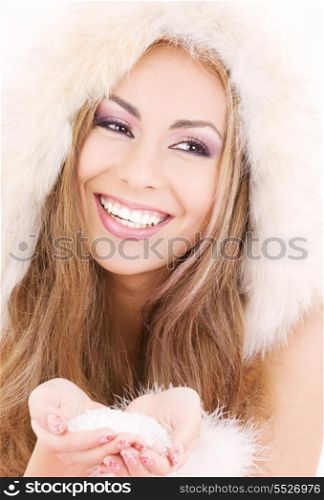 lovely woman in fur with handful of ice