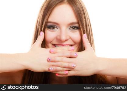 Lovely woman lauging. Smiling girl covers her mouth with hands showing pink nails design on white