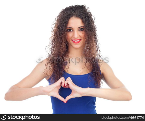 Lovely woman making a heart with her hands isolated on a white background